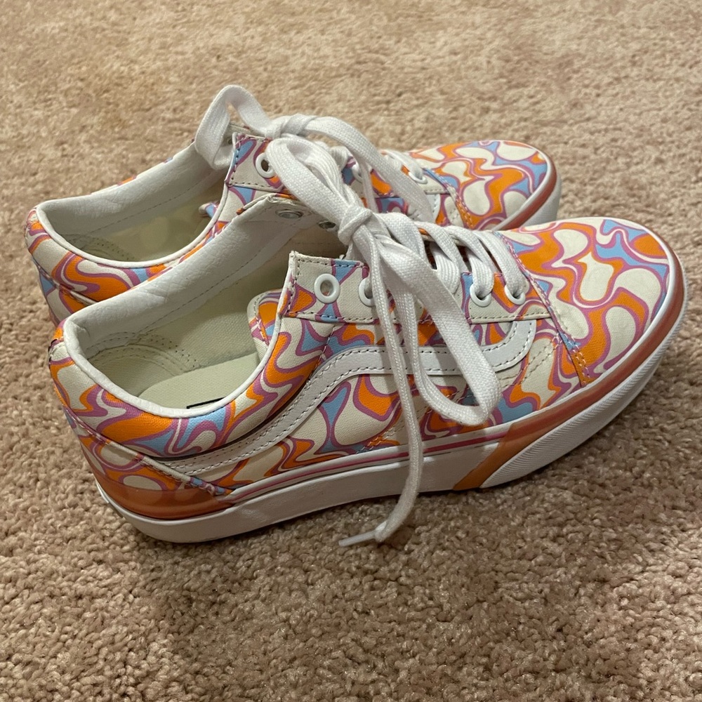 UV platform Vans. Orange, purple, blue swirls and peace signs in sun